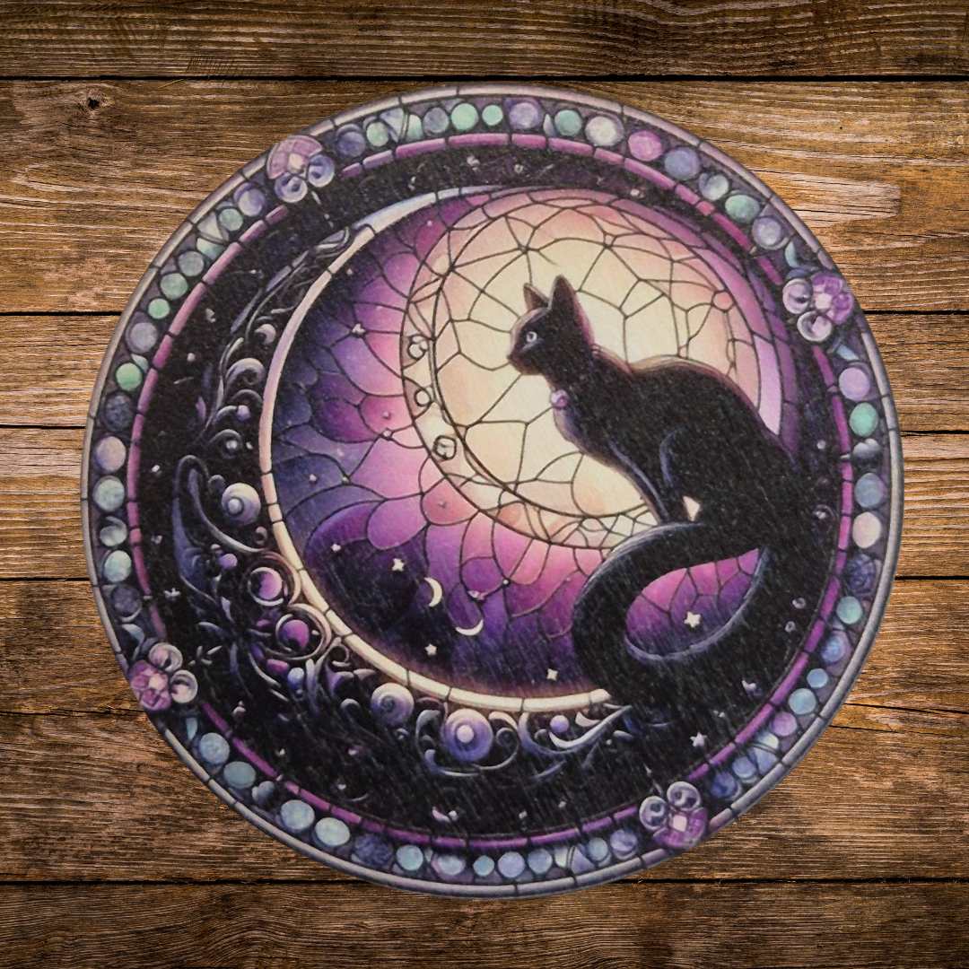 wooden mystical cat coaster with moon witchy occult feeling