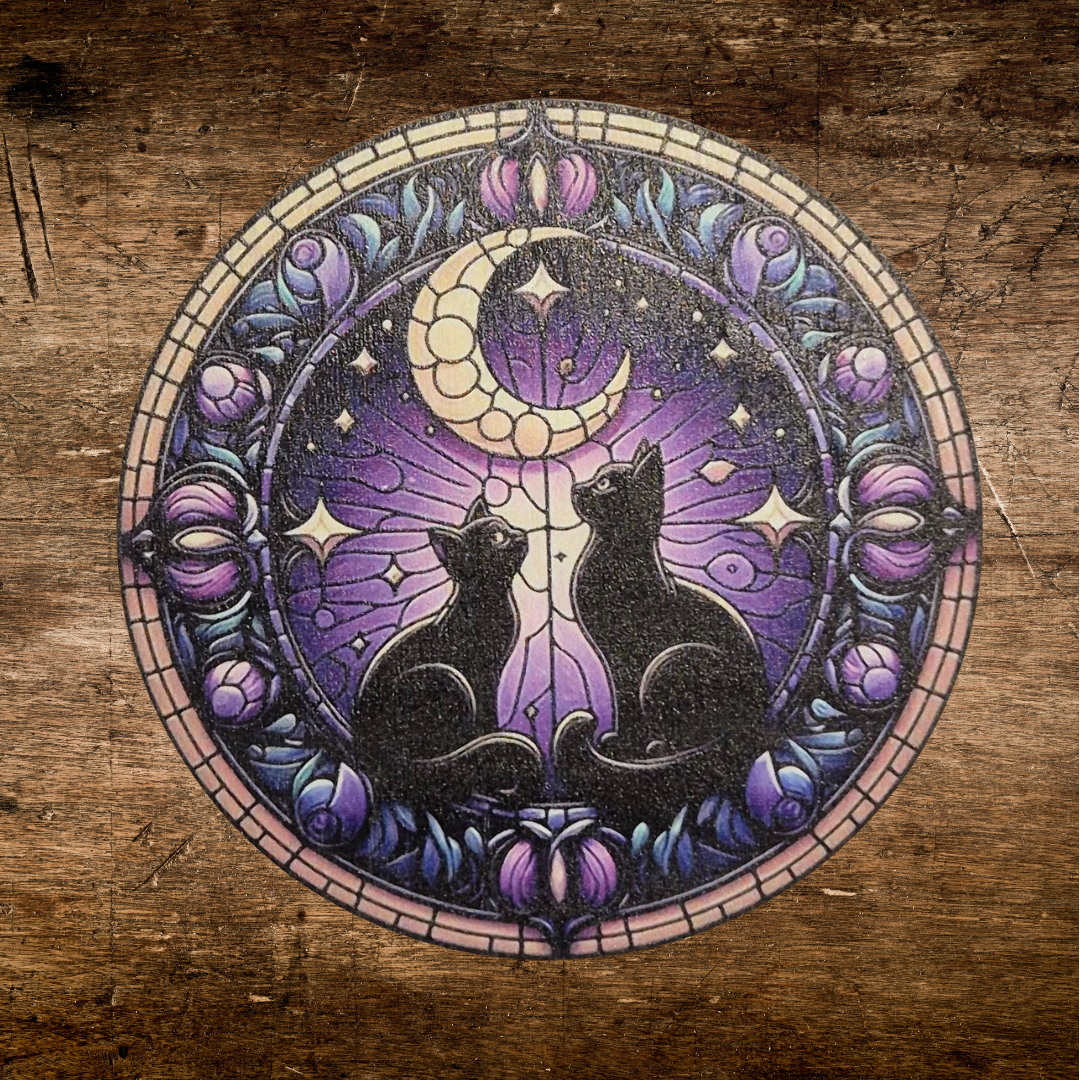 wooden mystical two cat coaster with moon witchy occult feeling