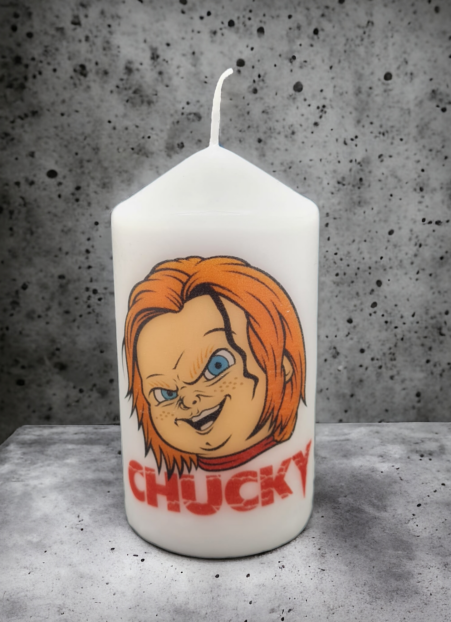 Chucky Head Themed Pillar Candle