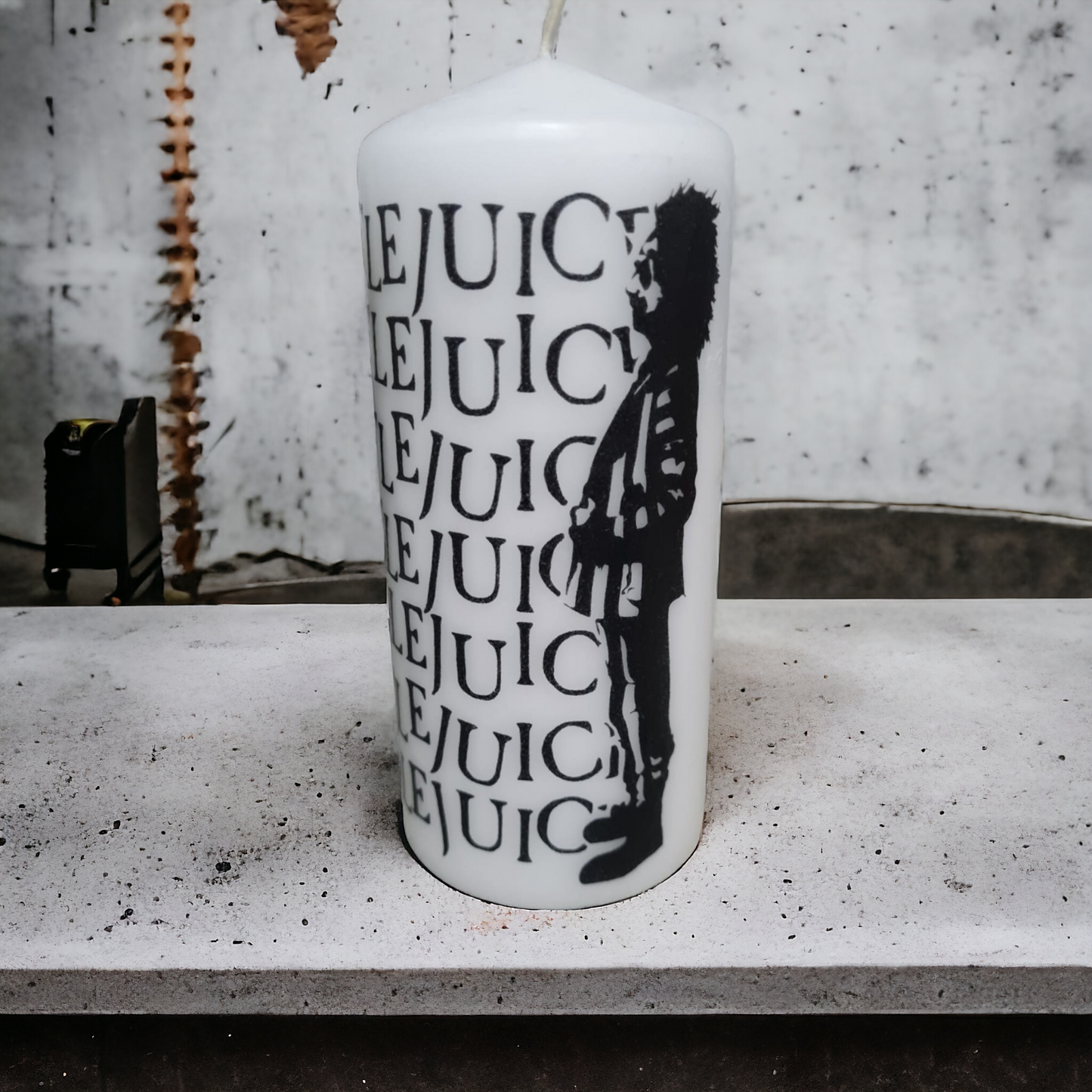 Handmade Beetlejuice inspired Themed Pillar Candle