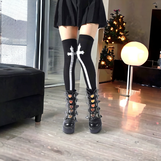 Black With White Cross Print Over The Knee Socks