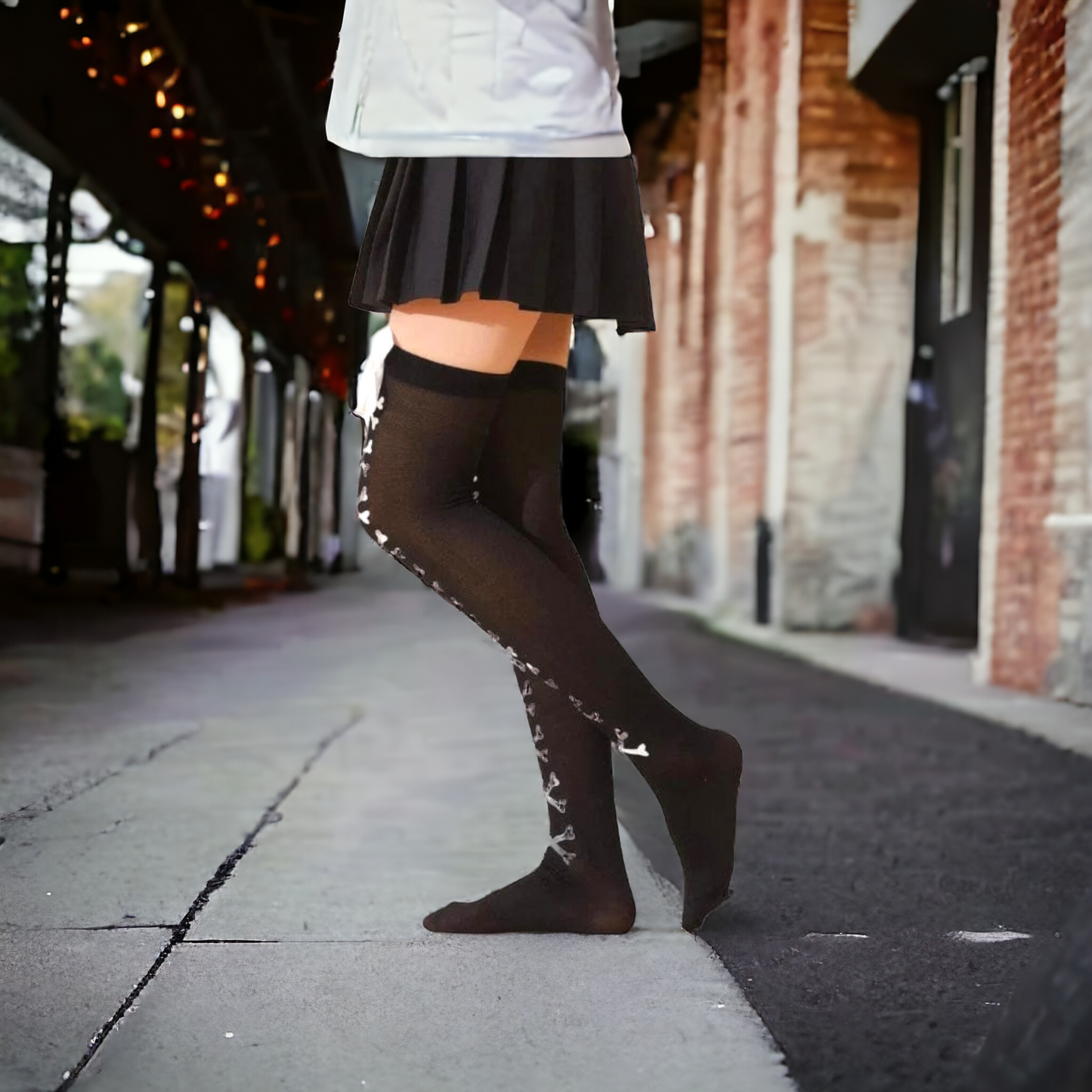 White Bow And Bones Decor Over The Knee Socks