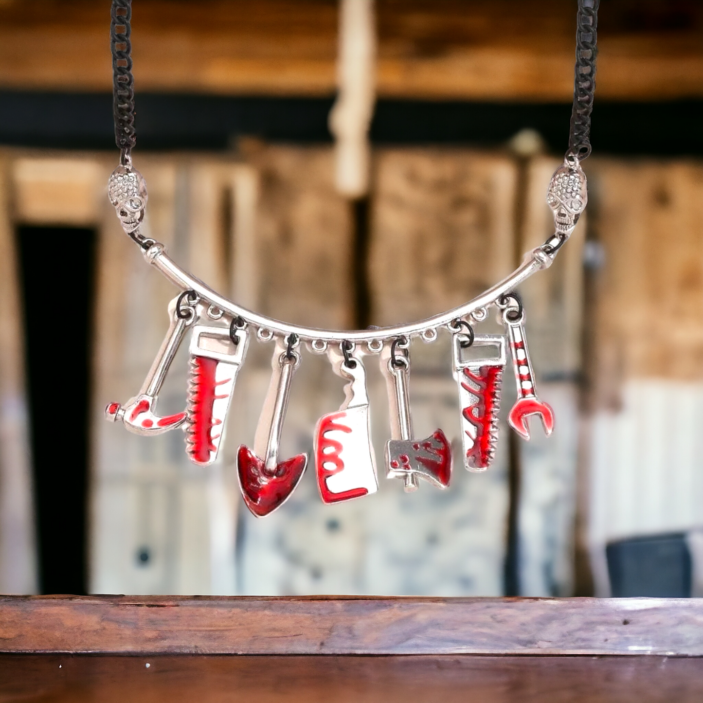 Hand Tools With Fake Blood Look Pendant Necklace