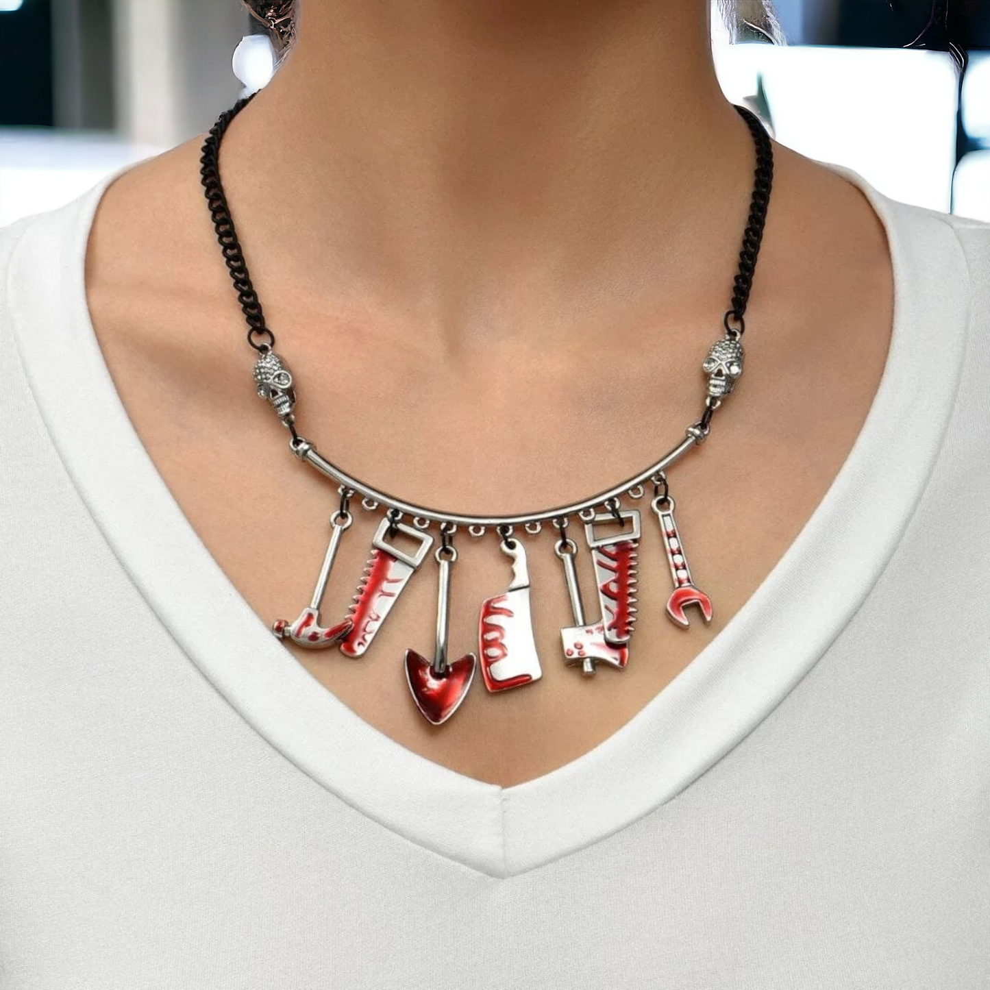 Hand Tools With Fake Blood Look Pendant Necklace