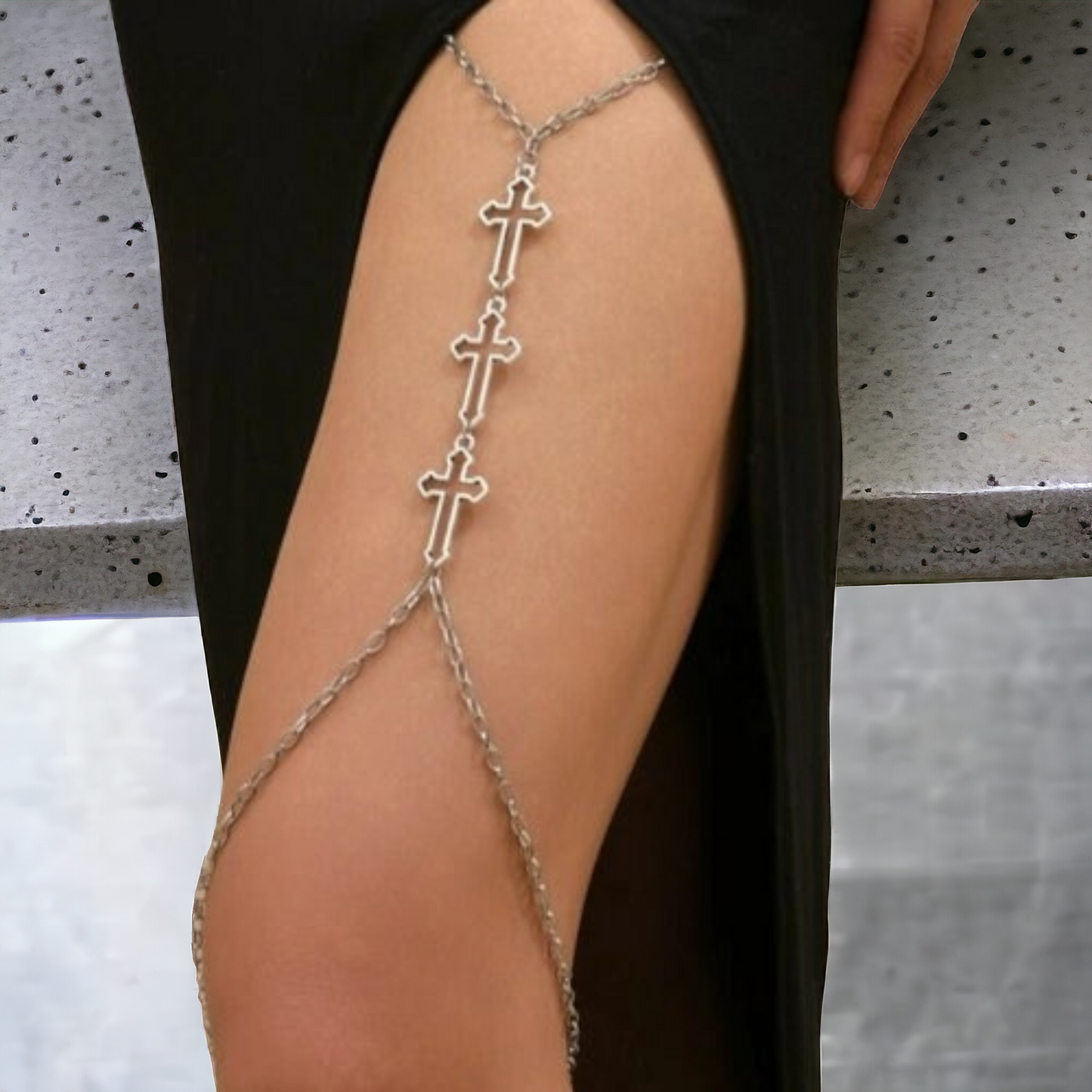 Gothic Cross Layered Thigh Chain Body Jewellery Boho Style With Elasticated Band