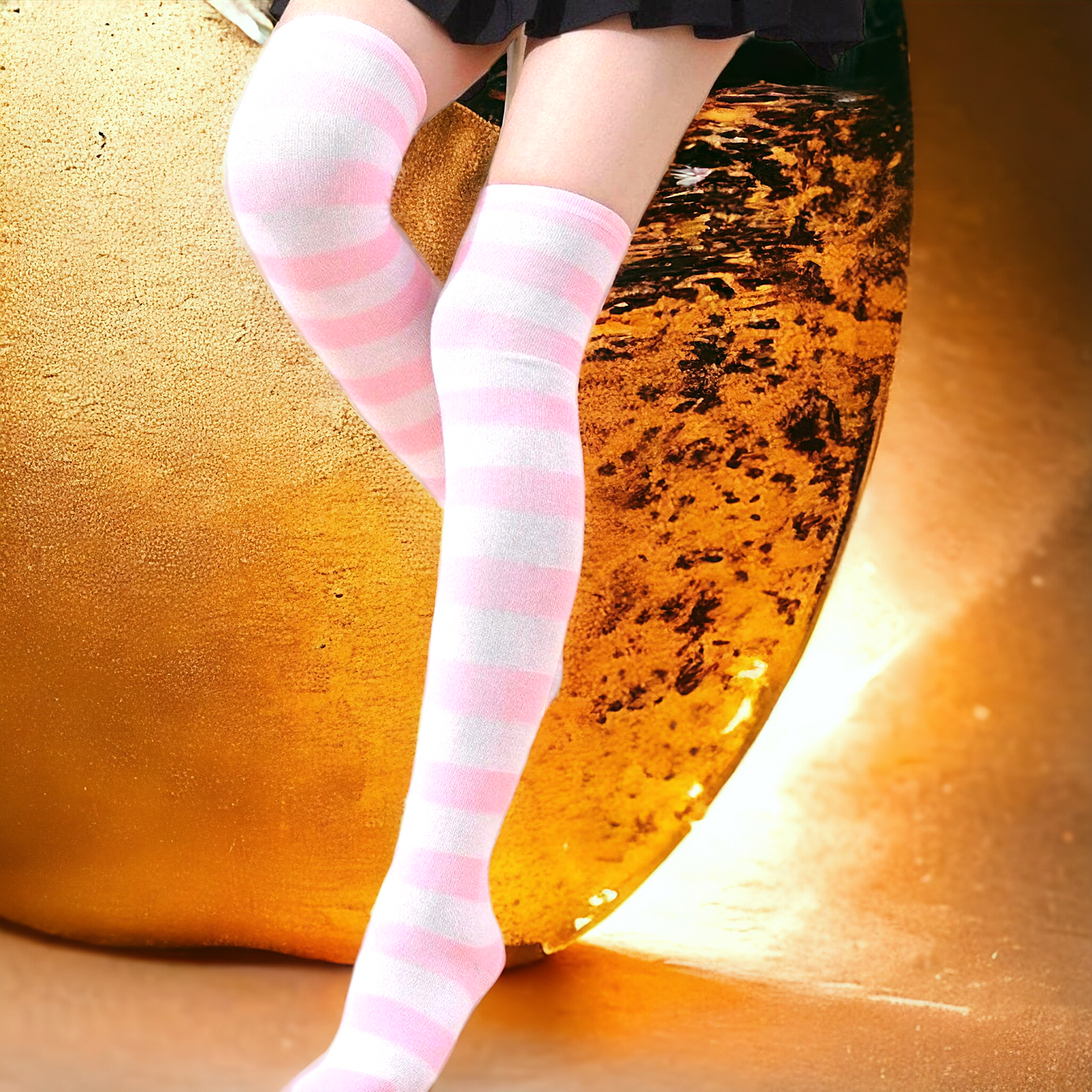 Pink And White Stripped Over The Knee Socks