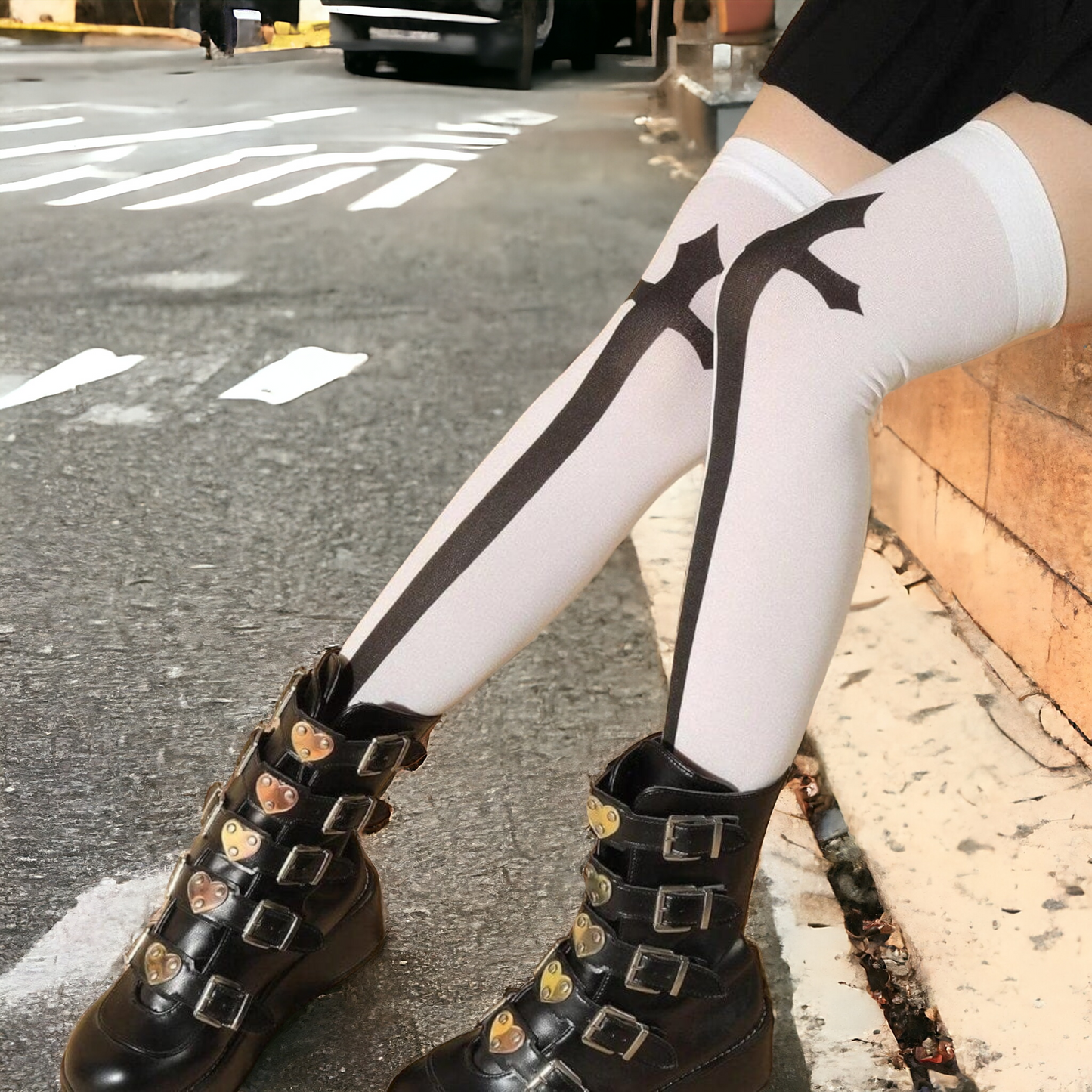 White Over The Knee Socks With Black Cross Pattern