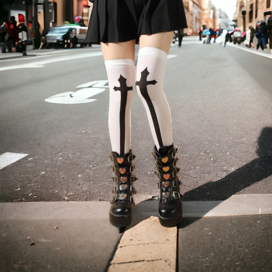 White Over The Knee Socks With Black Cross Pattern