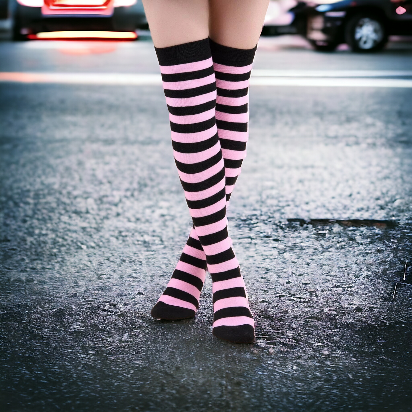 Pink And Black Stripped Over The Knee Socks