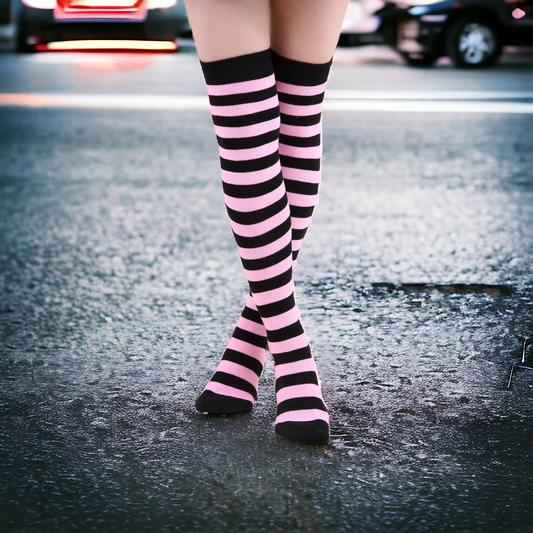 Pink And Black Stripped Over The Knee Socks