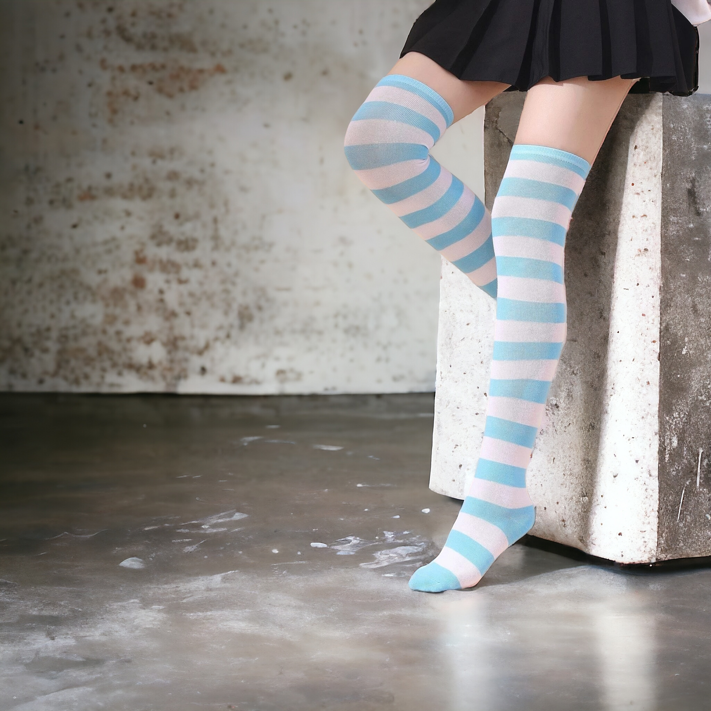 Blue And White Stripe Print Over The Knee Socks