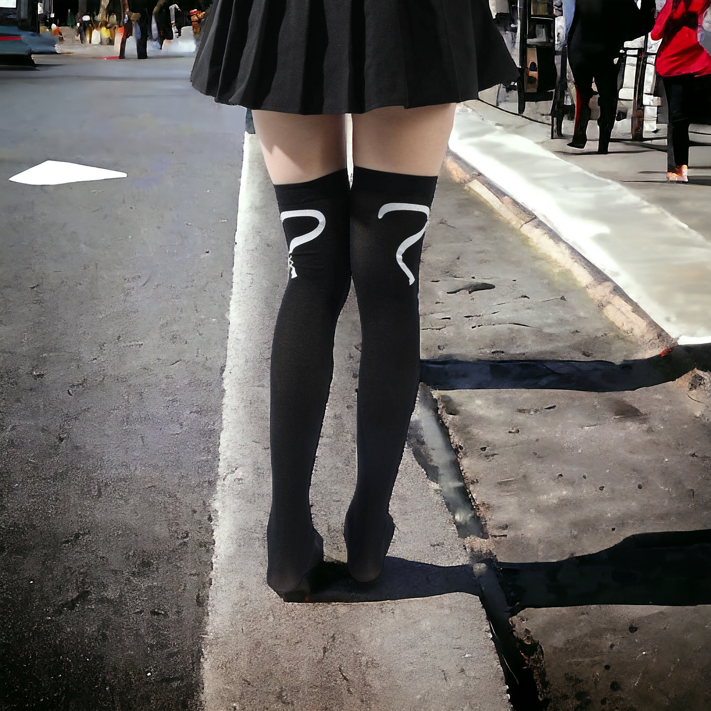 Cute White Cat Face And Tail Pattern On Black Over The Knee Socks