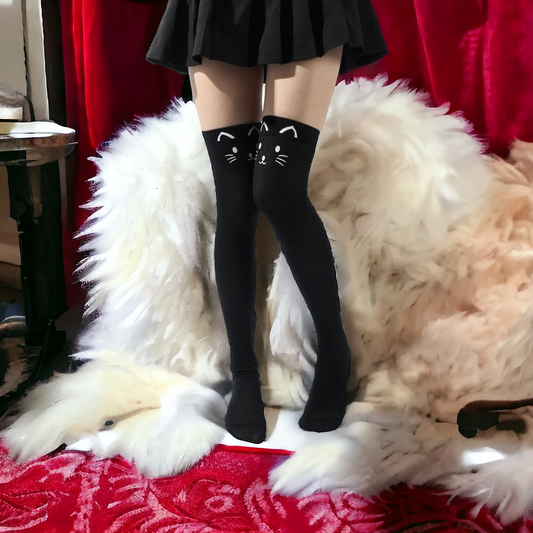 Cute White Cat Face And Tail Pattern On Black Over The Knee Socks