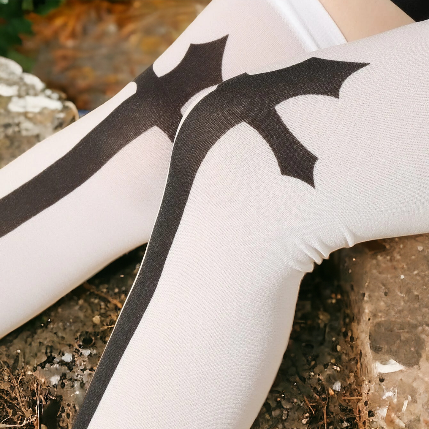 White Over The Knee Socks With Black Cross Pattern