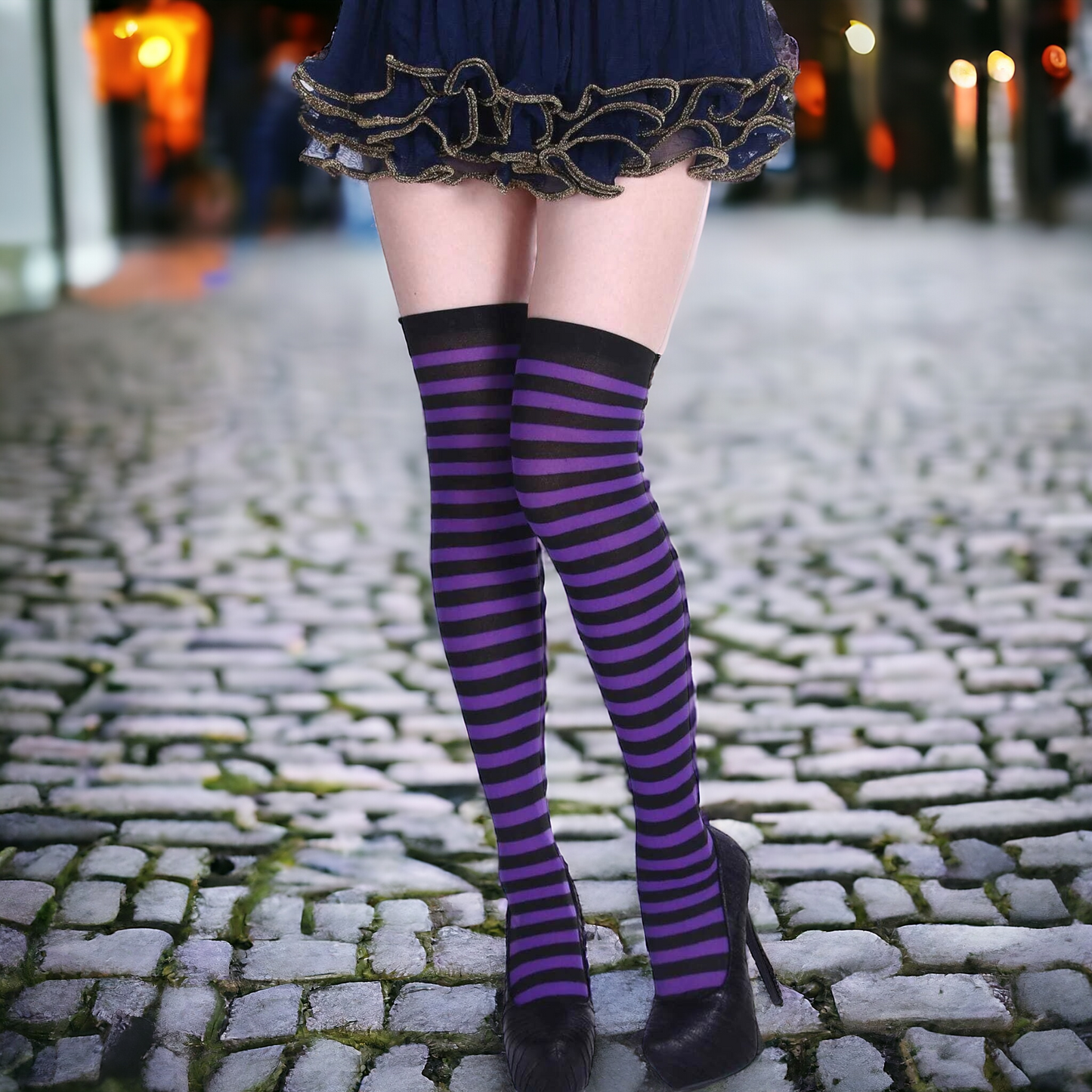 Purple And Black Stripe Print Over The Knee Socks