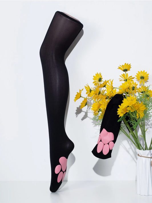 Cat Paw Print Black/Pink Decor Over Knee Socks