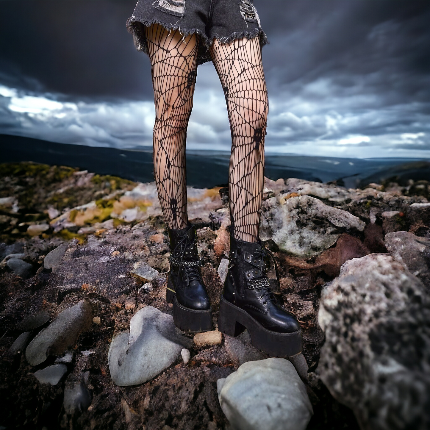 Gothic Spider Web Tights With Skull Heads Design