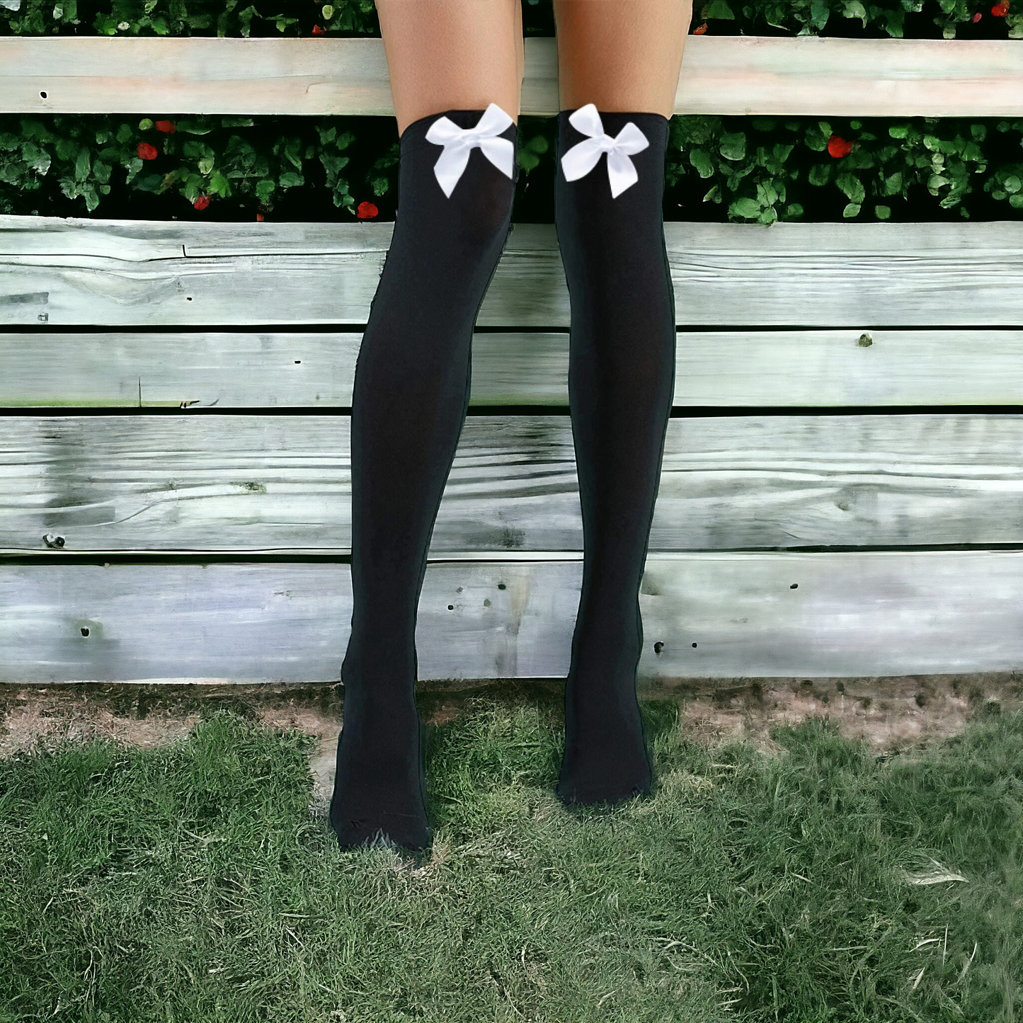 Cute Simple Black Over The Knee Socks With White Bow