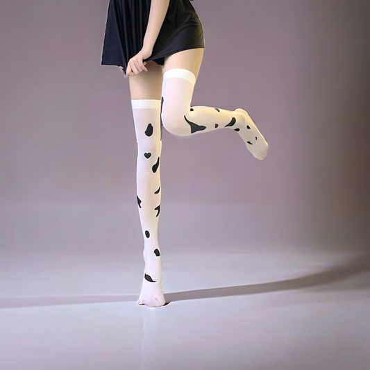 White And Black Cow Print Over The Knee Tights