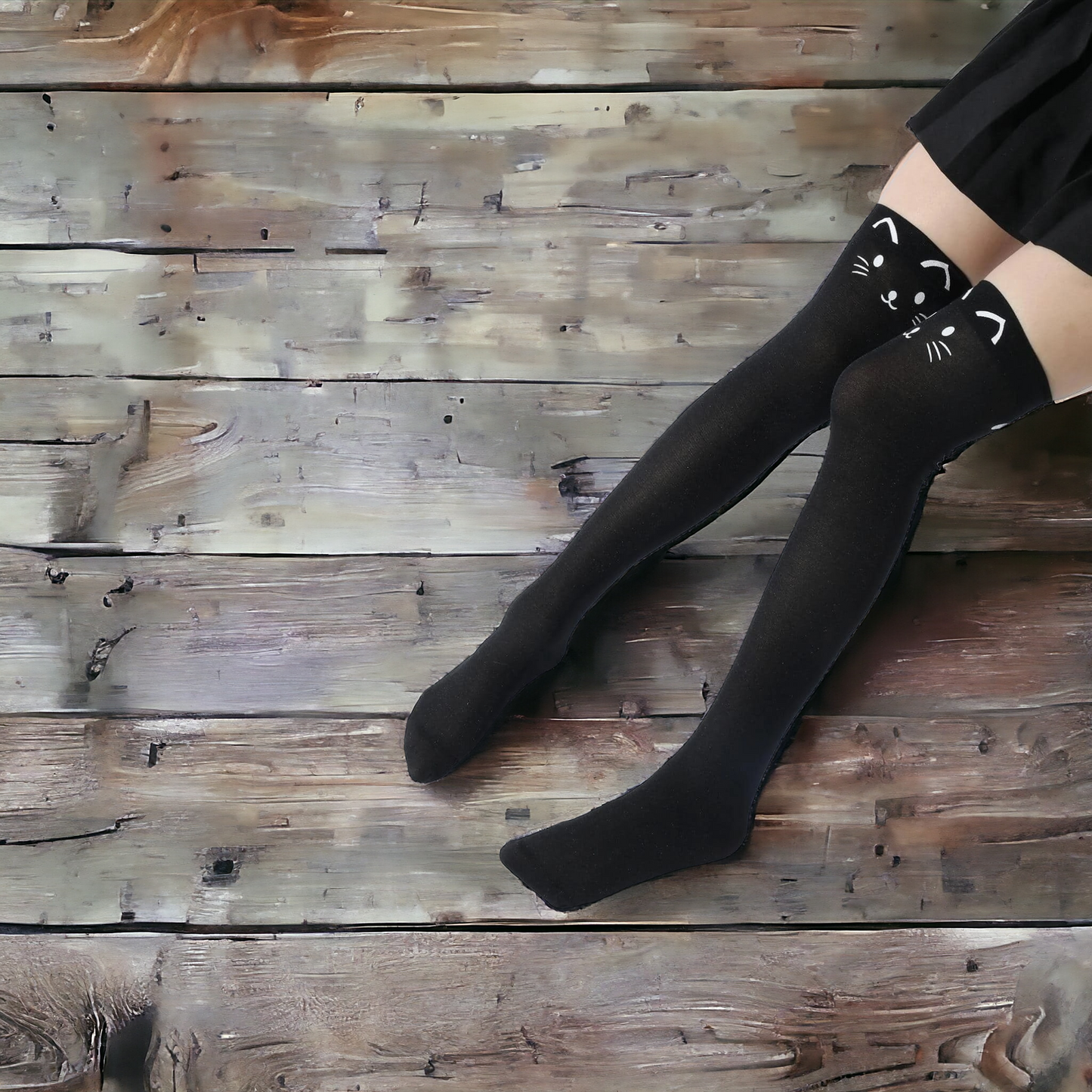 Cute White Cat Face And Tail Pattern On Black Over The Knee Socks