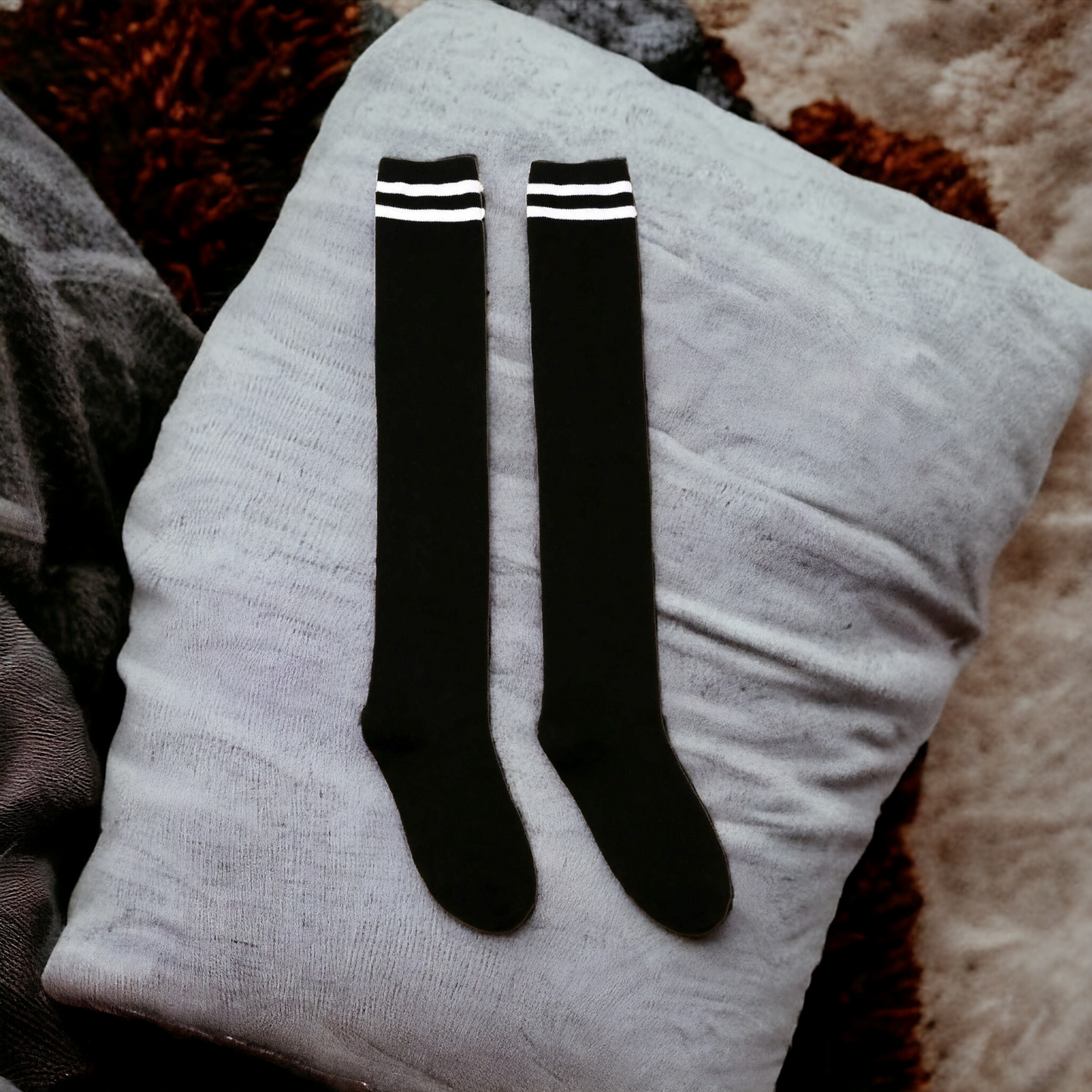 Breathable Black Over The Knee Two Stripes Socks