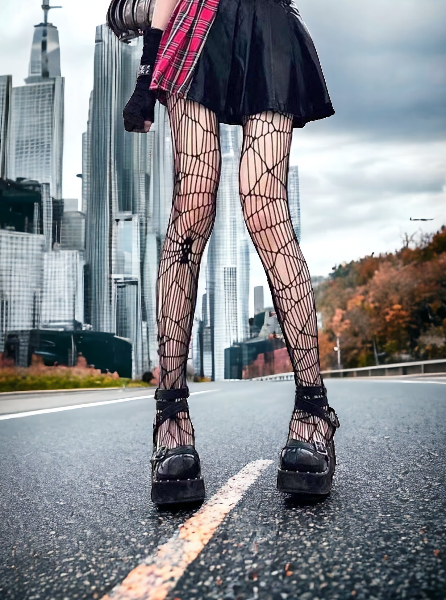 Gothic Spider Web Tights With Skull Heads Design