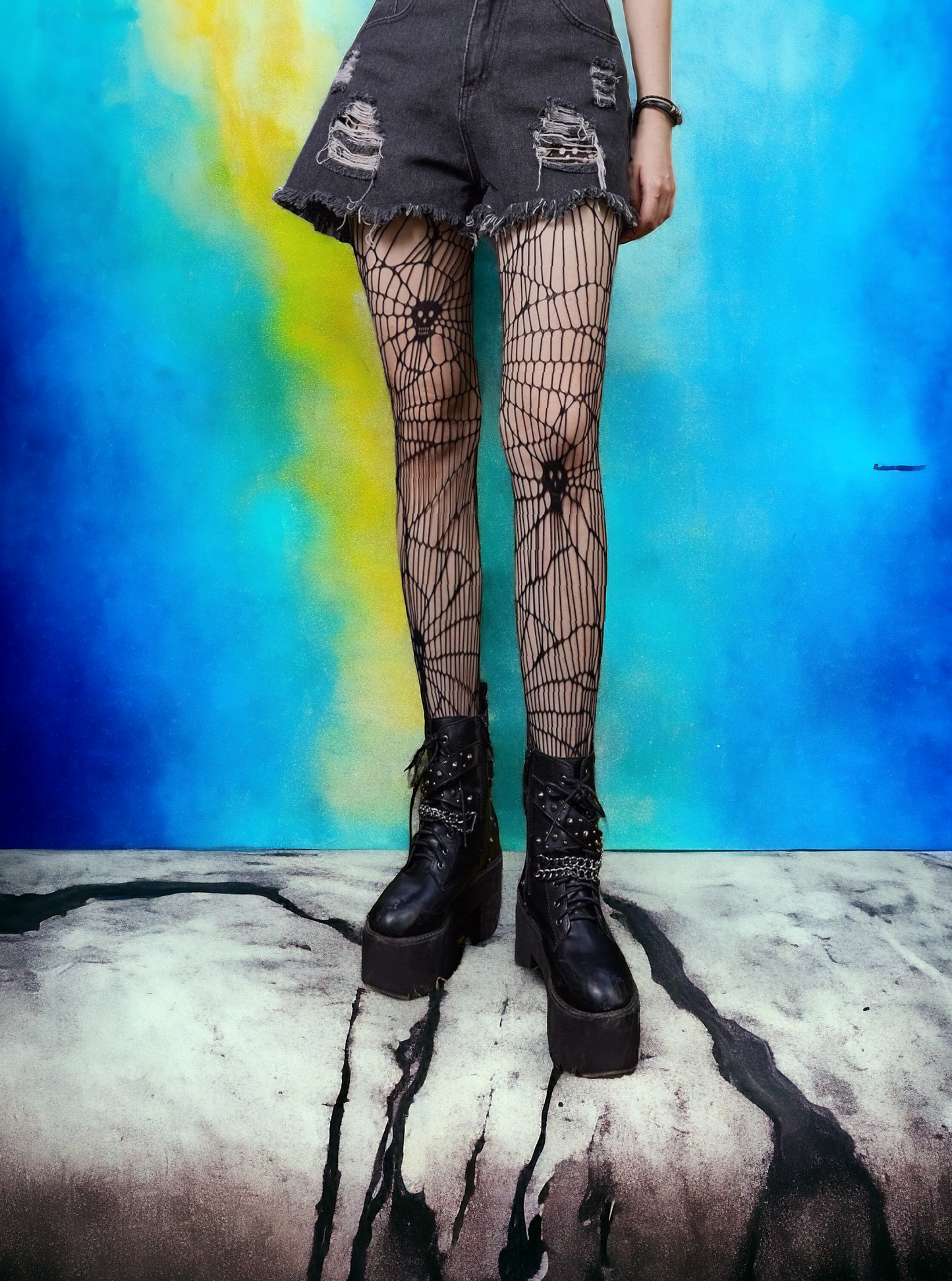 Gothic Spider Web Tights With Skull Heads Design