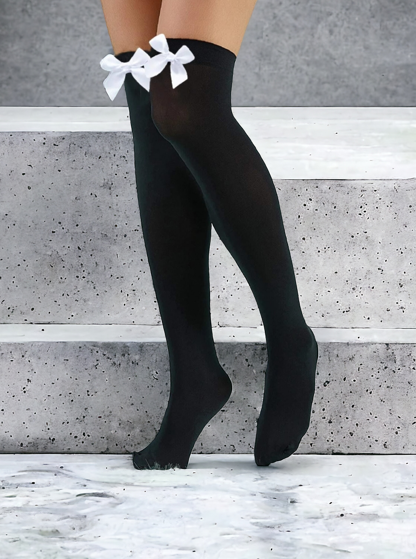 Cute Simple Black Over The Knee Socks With White Bow