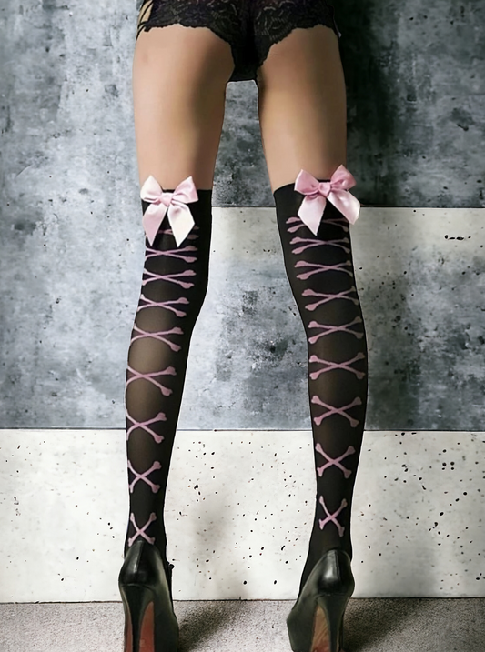 Pink Bow And Bones Decor Over The Knee Socks