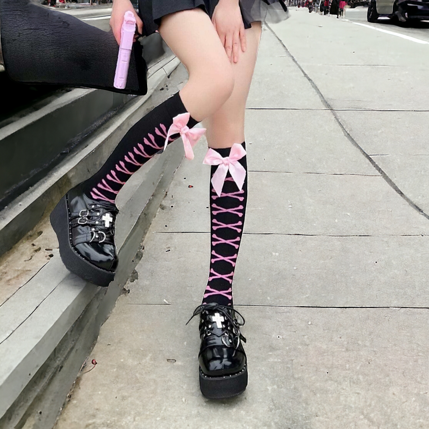 Pink Bow And Bones Decor Over The Knee Socks