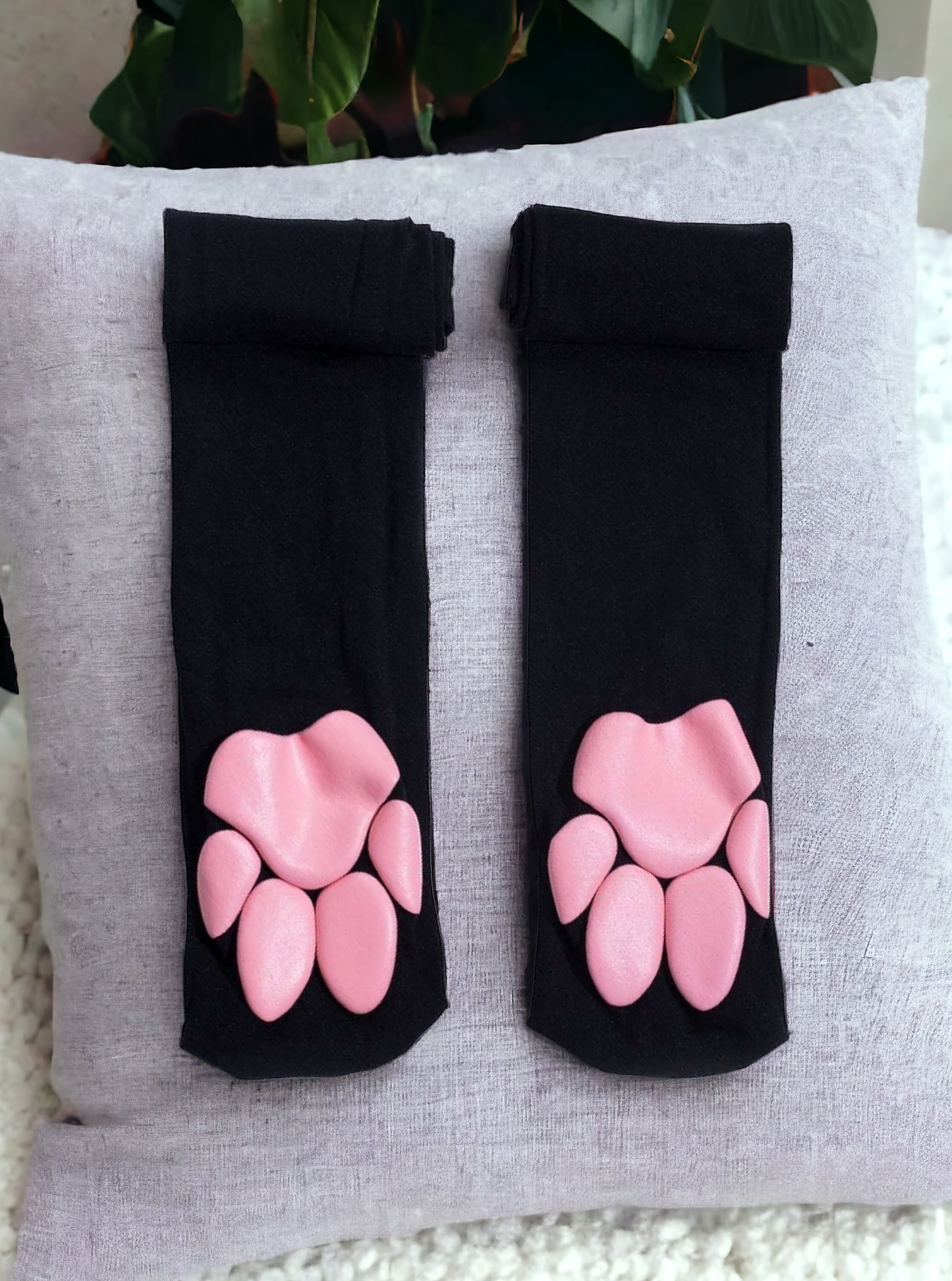 Cat Paw Print Black/Pink Decor Over Knee Socks