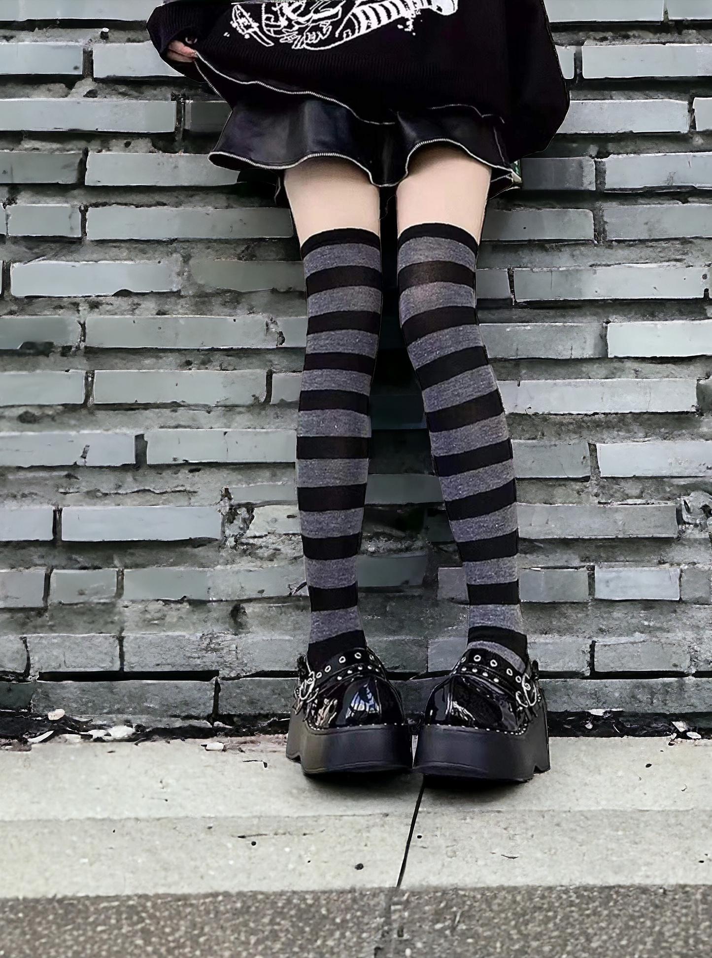 Light Grey And Black Stripe Print Over The Knee Socks