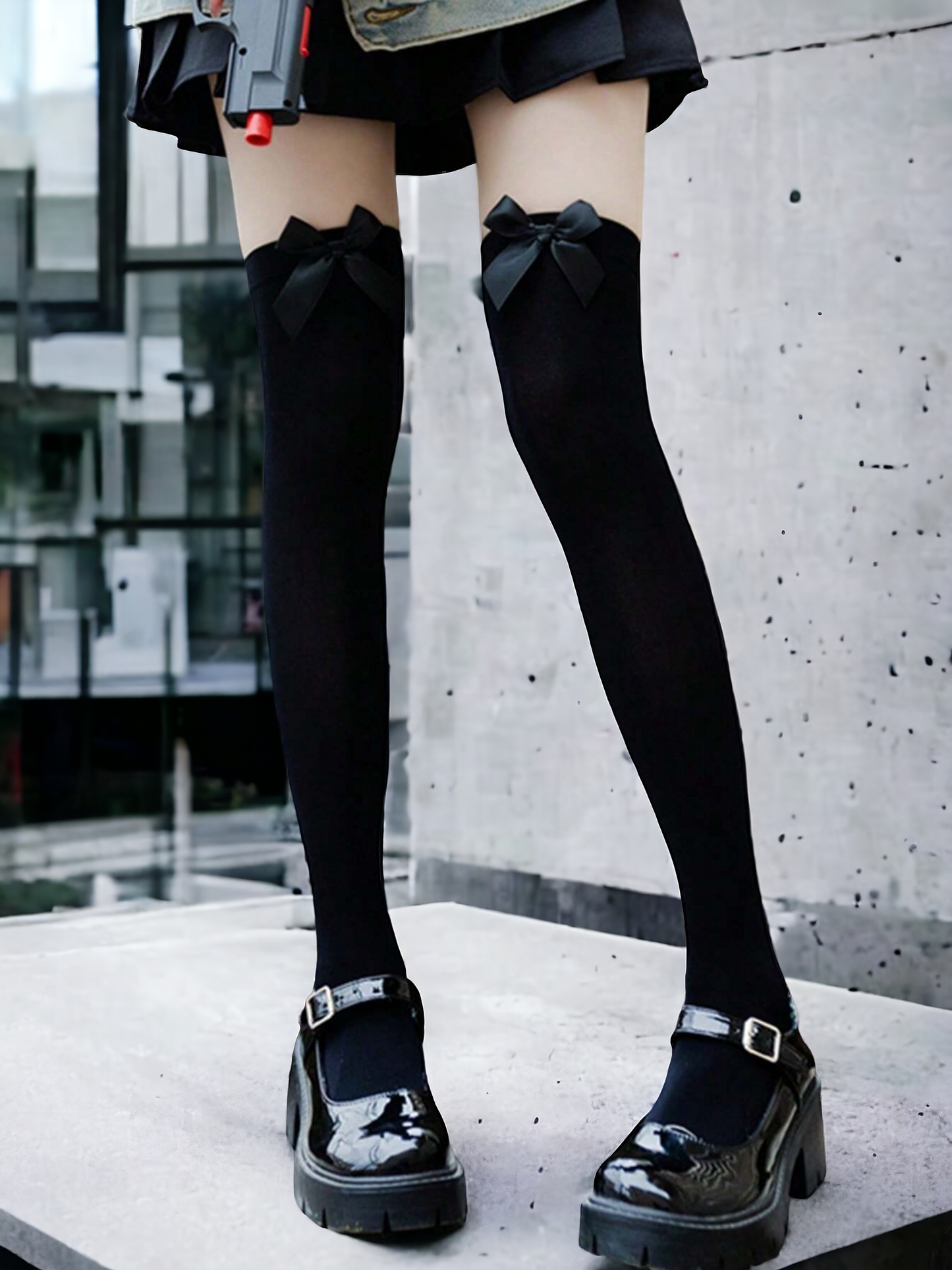 Cute Simple Black Over The Knee Socks With Black Bow