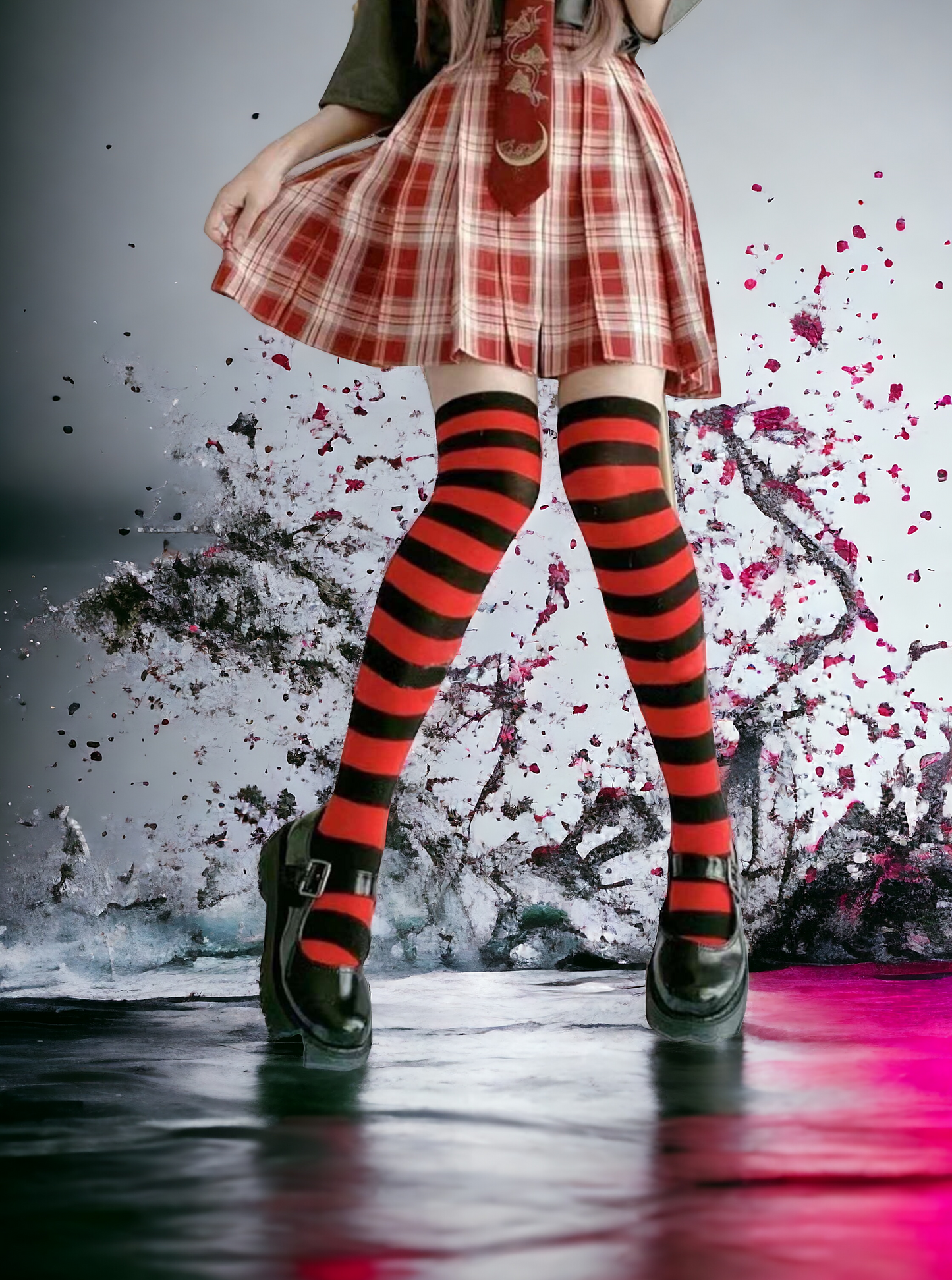 Red & Black Stripe Print Over The Knee Socks