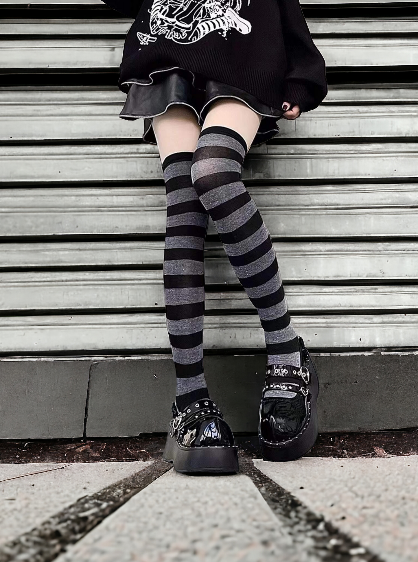 Light Grey And Black Stripe Print Over The Knee Socks