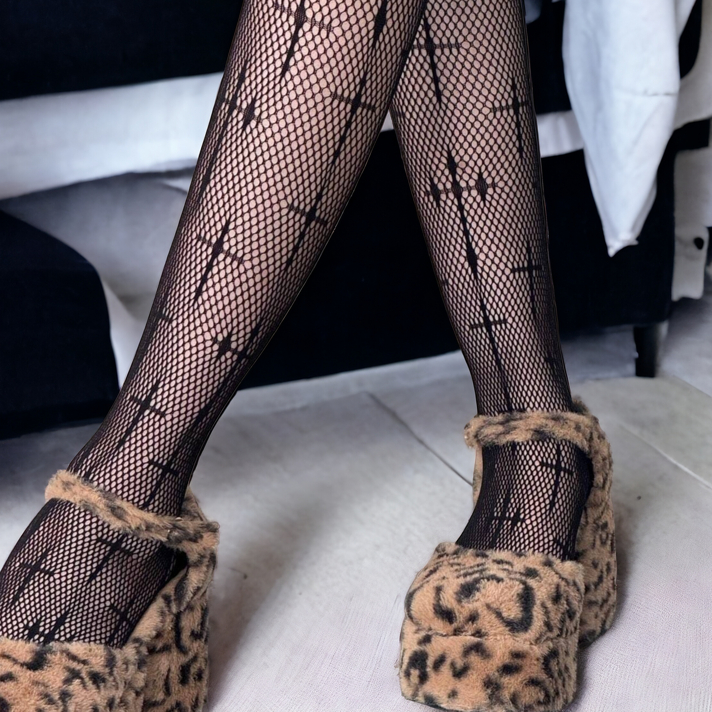 Plus Size Cross Pattern Fishnet Tights Gothic Style, High Waist, Full Length