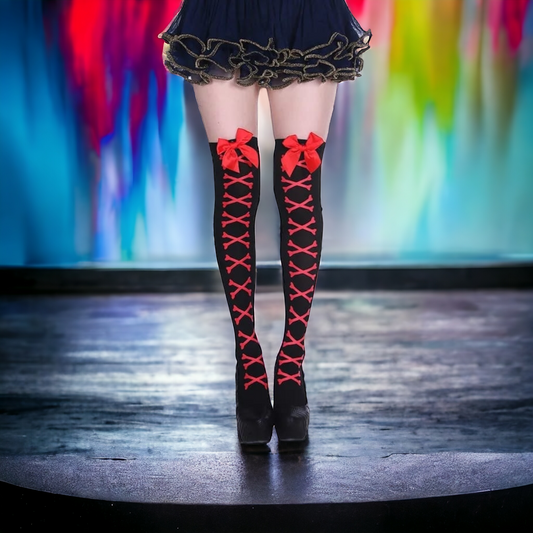 Red Bow And Bones Decor Over The Knee Socks