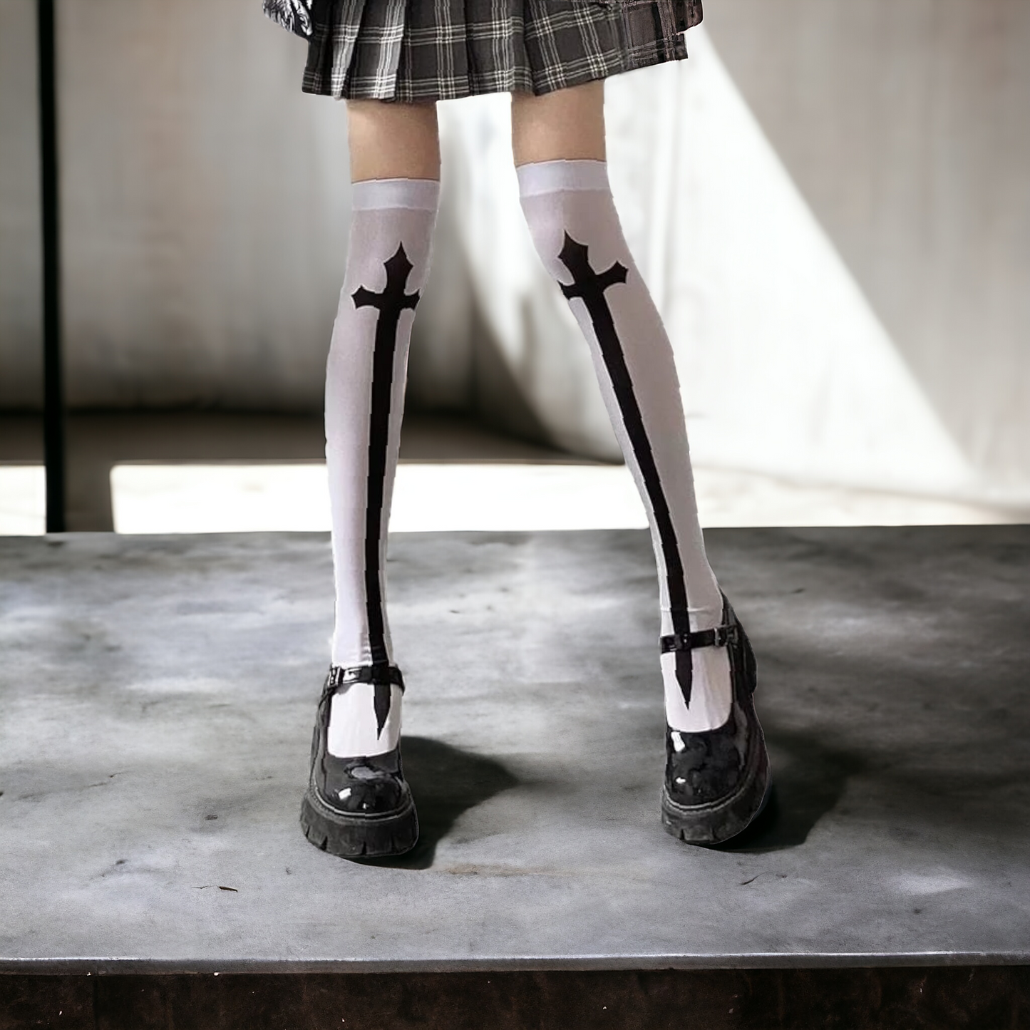 White Over The Knee Socks With Black Cross Pattern