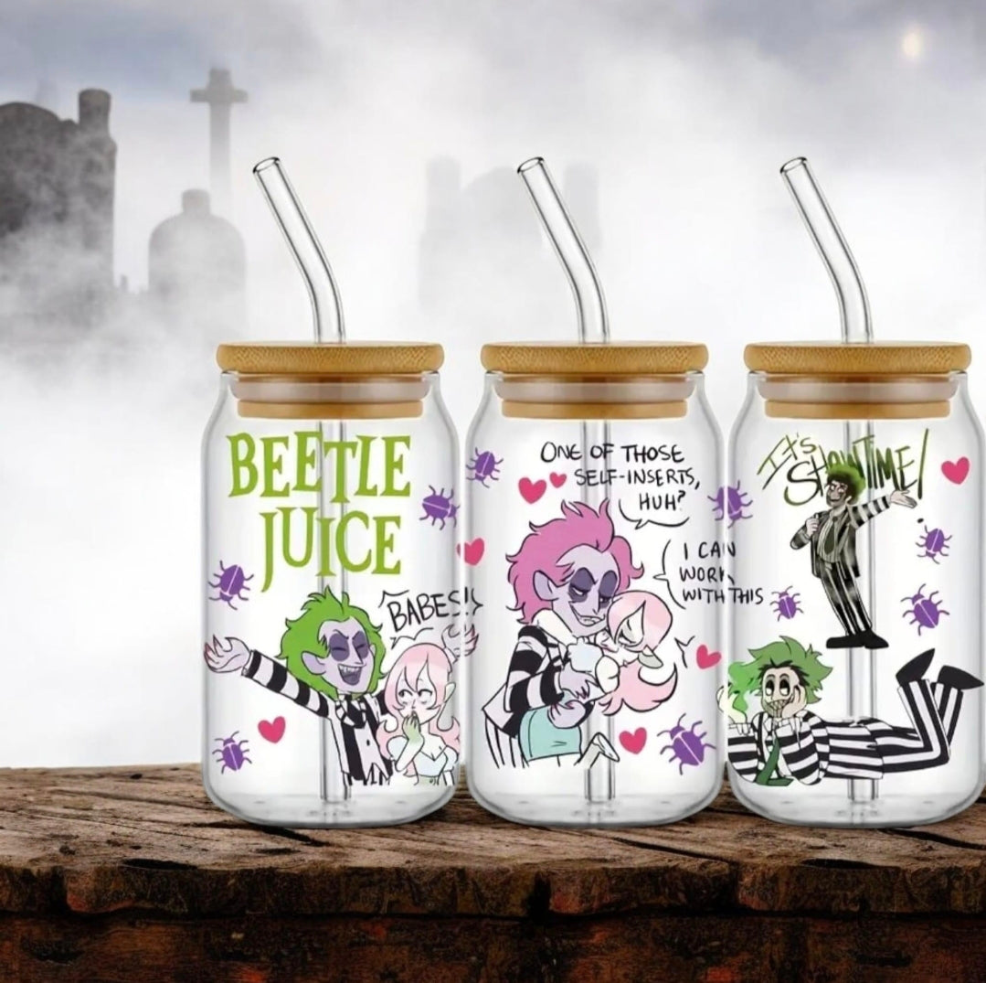Beetlejuice Inspired Themed libby glass with bamboo lid and glass straw perfect for horror fans 