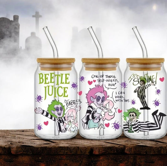 Beetlejuice Inspired Themed libby glass with bamboo lid and glass straw perfect for horror fans 