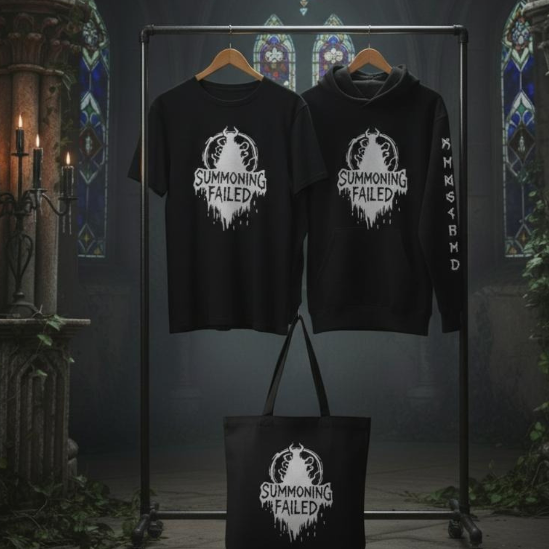 Black t-shirt, hoodie, and tote bag with 'Summoning Failed' design on a rack against a dark background.