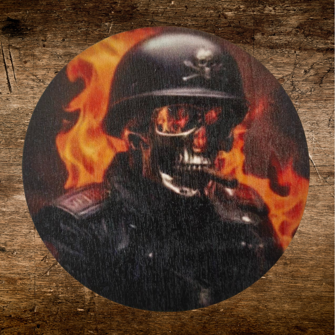 Burning army biker skull coaster 