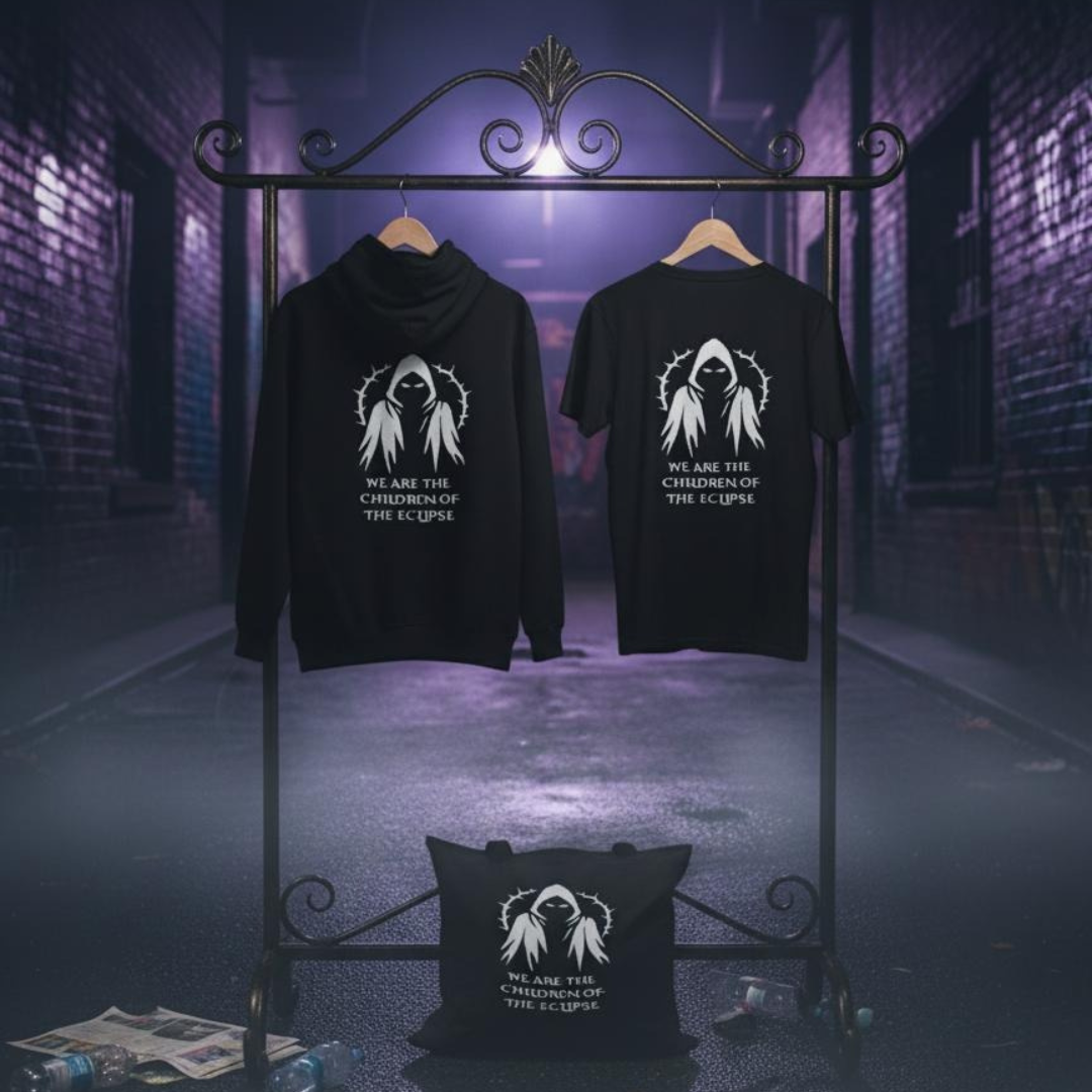 Black hoodie and t-shirt with graphic design and text on a dark, urban background Children of the Eclipse — Tri-Ritual Trinity Set (The Relic · The Sigil · The Vessel) gothic and alternative streetwear