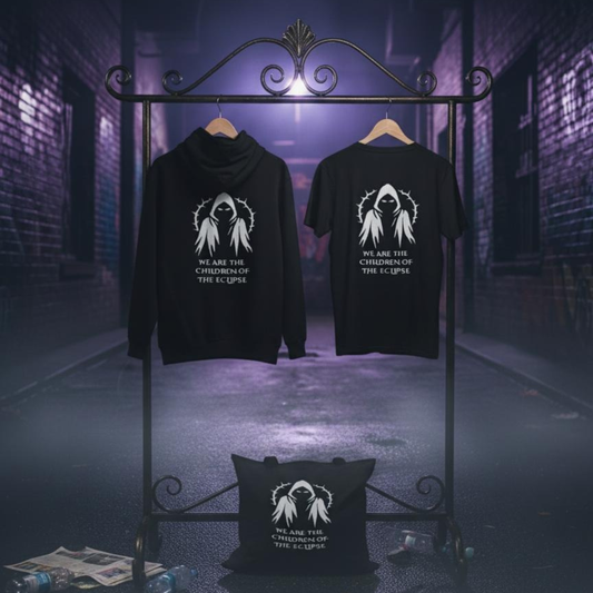 Black hoodie and t-shirt with graphic design and text on a dark, urban background Children of the Eclipse — Tri-Ritual Trinity Set (The Relic · The Sigil · The Vessel) gothic and alternative streetwear