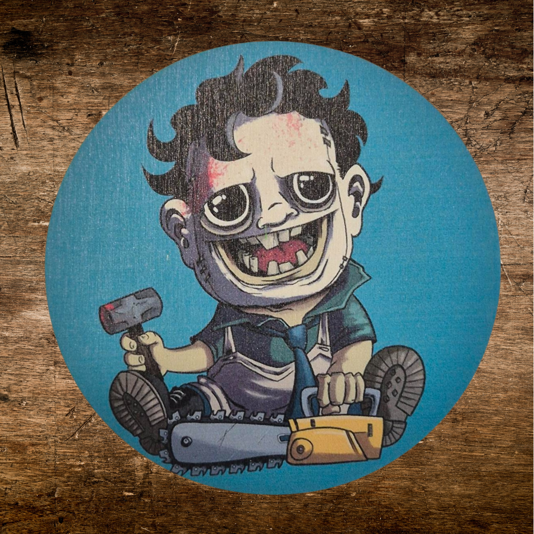 Colourful wooden coaster with Micheal myers print