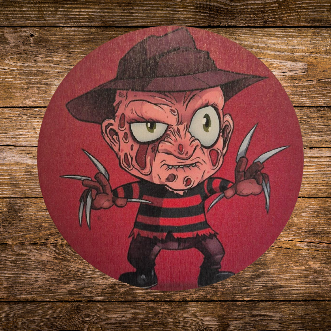 Freddy kruger print on a wooden coaster featuring a nightmare on elm street 