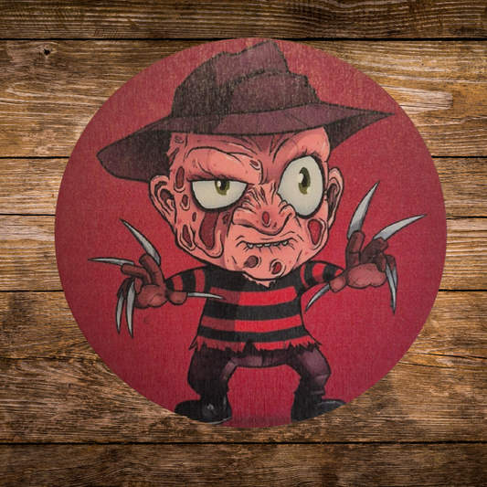 Freddy kruger print on a wooden coaster featuring a nightmare on elm street 