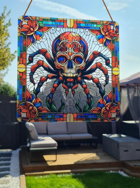 Gothic stained glass sun catcher featuring an creepy spider skull  within a crescent moon adorned with bat wings and vibrant autumnal leaves. Perfect for adding a spooky yet charming touch to any window or garden decor.