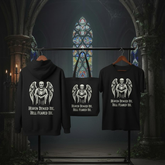 Black clothing with a skeleton design and text in front of a stained glass window. Heaven Denied Me, Hell Feared Me — Tri-Ritual Trinity Set (The Relic · The Sigil · The Vessel) gothic and alternative clothing
