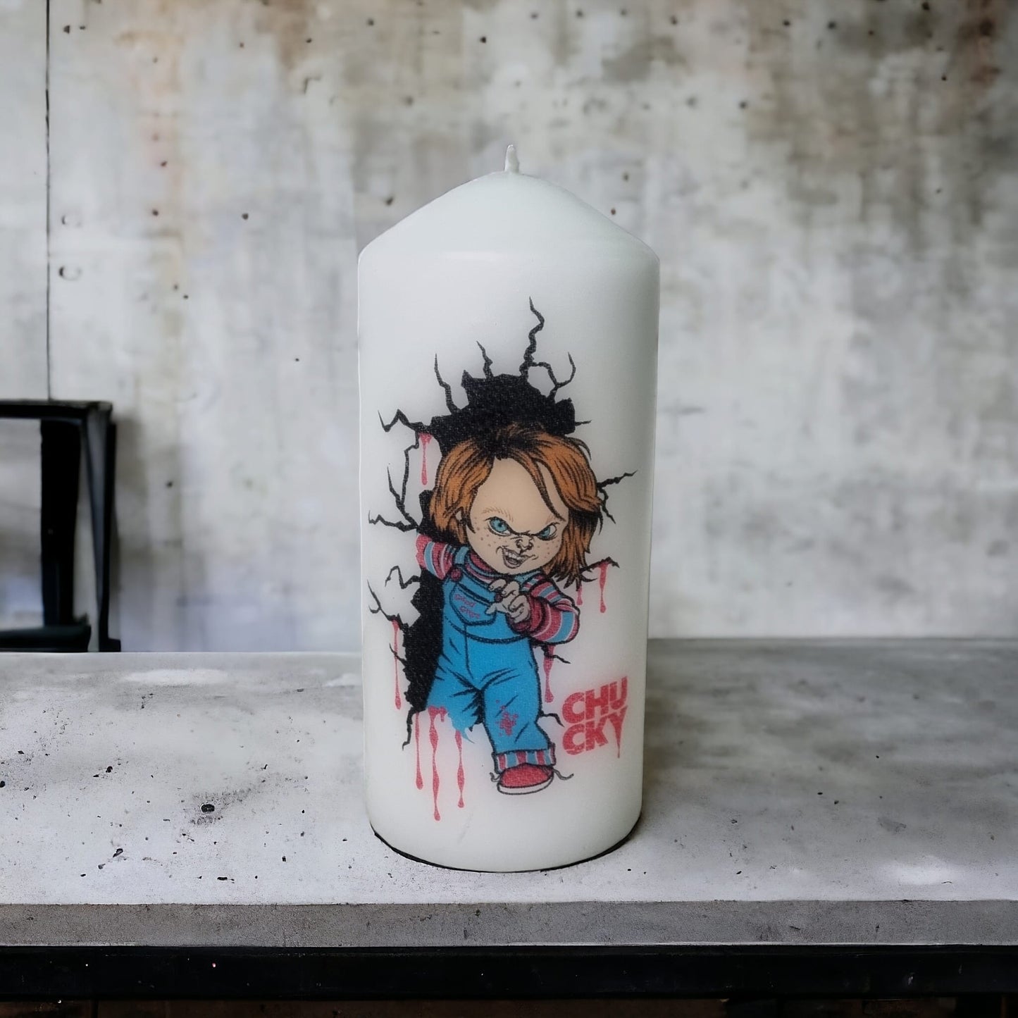 Chucky Themed Pillar Candle